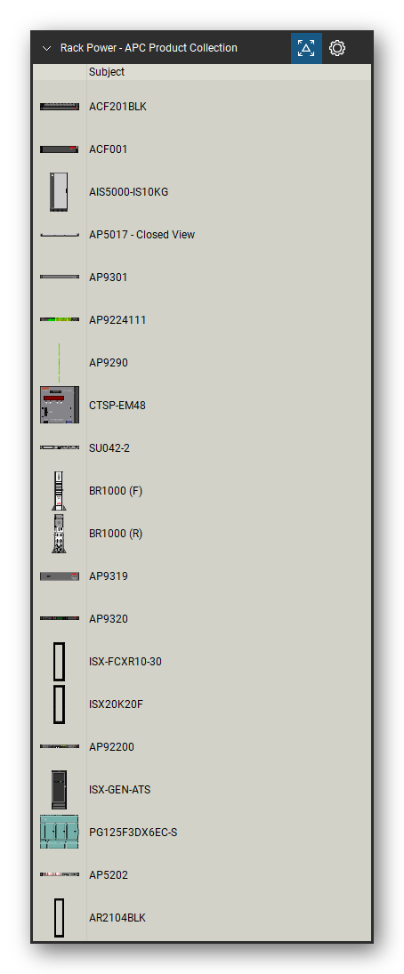 Rack Power tool set for Bluebeam Revu, APC Product Collection set (tools 1-20 of 132) - 20 views of 19 devices, front and rear: ACF201BLK, ACF001, AIS5000-IS10KG, AP5017 - Closed View, AP9301, AP9224111, AP9290, CTSP-EM48, SU042-2, BR1000 and 9 more. Tool Chest in Detail view, one row per tool with its name.