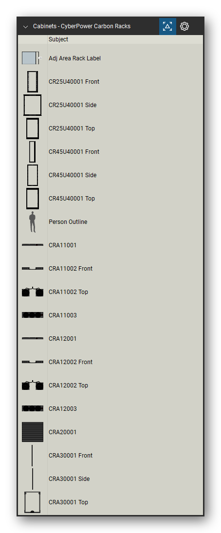 Racks, Cabinets & Cable Pathways tool set for Bluebeam Revu, CyberPower Carbon Racks set (tools 1-20 of 68) - 20 views of 12 devices, front, side and top: Adj Area Rack Label, CR25U40001, CR45U40001, Person Outline, CRA11001, CRA11002, CRA11003, CRA12001, CRA12002, CRA12003 and 2 more. Tool Chest in Detail view, one row per tool with its name.