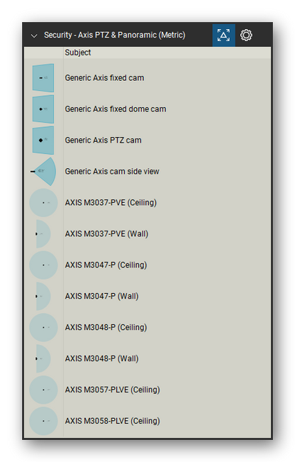 Security & Surveillance tool set for Bluebeam Revu, Axis PTZ & Panoramic (Metric) set (tools 1-12 of 23) - 12 tools: Generic Axis fixed cam, Generic Axis fixed dome cam, Generic Axis PTZ cam, Generic Axis cam, AXIS M3037-PVE (Ceiling), AXIS M3037-PVE (Wall), AXIS M3047-P (Ceiling), AXIS M3047-P (Wall), AXIS M3048-P (Ceiling), AXIS M3048-P (Wall) and 2 more. Tool Chest in Detail view, one row per tool with its name.