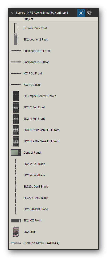 Servers tool set for Bluebeam Revu, HPE Apollo, Integrity, NonStop 4 set (tools 1-20 of 240) - 20 views of 18 devices, front and rear: HP 642 Rack, SD2 door 642 Rack, Enclosure PDU, IOX PDU, SD Empty Front w/Power, SD2 i2 Full, SD2 i4 Full, SDX BL920s Gen8 Full, SDX BL920s Gen9 Full, Control Panel and 8 more. Tool Chest in Detail view, one row per tool with its name.