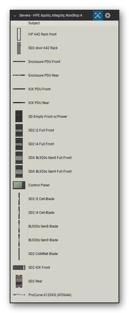 Servers tool set for Bluebeam Revu, HPE Apollo, Integrity, NonStop 4 set (tools 1-20 of 240) - 20 views of 18 devices, front and rear: HP 642 Rack, SD2 door 642 Rack, Enclosure PDU, IOX PDU, SD Empty Front w/Power, SD2 i2 Full, SD2 i4 Full, SDX BL920s Gen8 Full, SDX BL920s Gen9 Full, Control Panel and 8 more. Tool Chest in Detail view, one row per tool with its name.