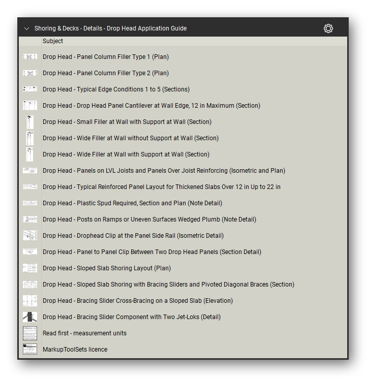 Details drop head application guide in the Shoring & Elevated Decks Takeoff & Estimating Bluebeam tool set (sheet 5 of 5)