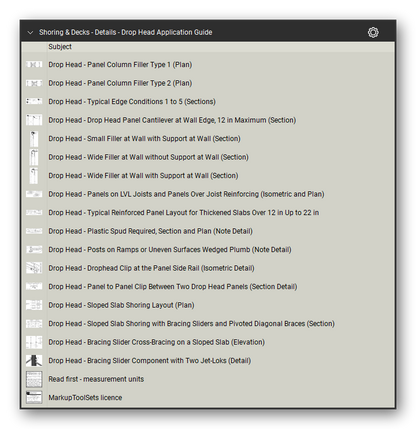 Details drop head application guide in the Shoring & Elevated Decks Takeoff & Estimating Bluebeam tool set (sheet 5 of 5)