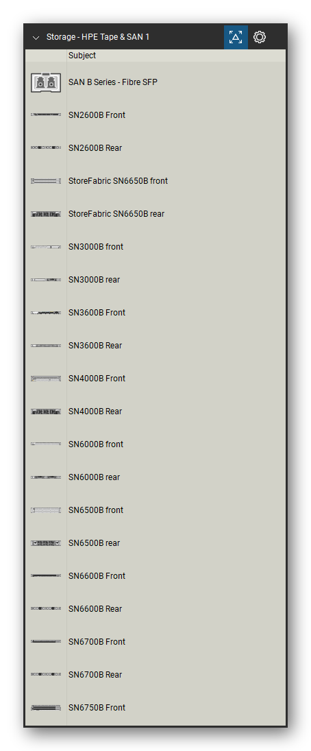 Storage & Backup tool set for Bluebeam Revu, HPE Tape & SAN 1 set (tools 1-20 of 168) - 20 views of 11 devices, front and rear: SAN B Series - Fibre SFP, SN2600B, StoreFabric SN6650B, SN3000B, SN3600B, SN4000B, SN6000B, SN6500B, SN6600B, SN6700B and 1 more. Tool Chest in Detail view, one row per tool with its name.