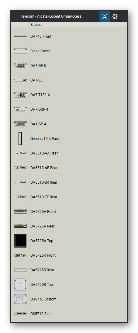 Telecom, Voice & Wireless tool set for Bluebeam Revu, Alcatel-Lucent OmniAccess set (tools 1-20 of 101) - 20 views of 15 devices, front, rear, side, top and bottom: OA740, Blank Cover, OA7-GE-8, OA7-SE, OA7-T1E1-4, OA7-USP-4, OA-USP-4, Generic 19in Rack, OA5510-AA, OA5510-AB and 5 more. Tool Chest in Detail view, one row per tool with its name.