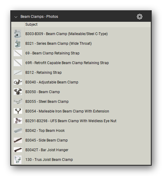Beam clamps product photographs in the Pipe Hangers and Supports Takeoff & Estimating Bluebeam tool set (sheet 2 of 2)