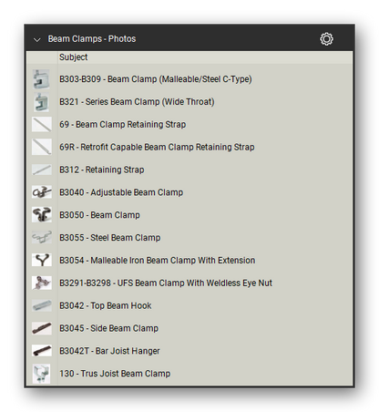 Beam clamps product photographs in the Pipe Hangers and Supports Takeoff & Estimating Bluebeam tool set (sheet 2 of 2)