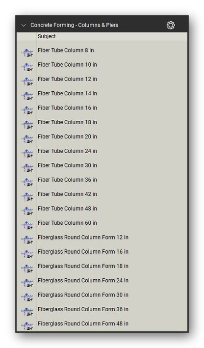 Columns and piers in the Concrete Forming Takeoff & Estimating Bluebeam tool set (sheet 1 of 2)
