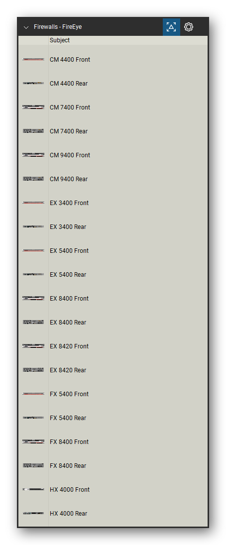 Firewalls & Security Appliances tool set for Bluebeam Revu, FireEye set (tools 21-40 of 110) - 20 views of 10 devices, front and rear: CM 4400, CM 7400, CM 9400, EX 3400, EX 5400, EX 8400, EX 8420, FX 5400, FX 8400 and HX 4000. Tool Chest in Detail view, one row per tool with its name.