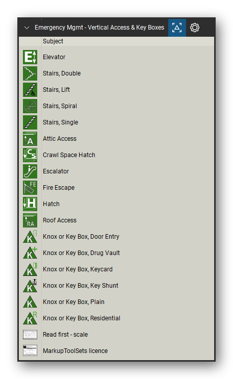 Incident & Emergency Management tool set for Bluebeam Revu, Vertical Access & Key Boxes set - 17 tools: Elevator, Stairs, Double, Stairs, Lift, Stairs, Spiral, Stairs, Single, Attic Access, Crawl Space Hatch, Escalator, Fire Escape, Hatch and 7 more. Tool Chest in Detail view, one row per tool with its name.