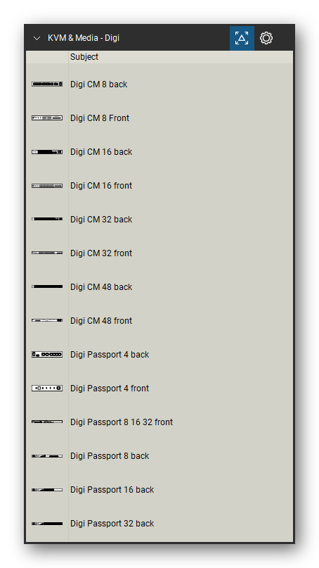 KVM, Console Servers & Media Converters tool set for Bluebeam Revu, Digi set (tools 1-14 of 26) - 14 views of 9 devices, front and rear: Digi CM 8, Digi CM 16, Digi CM 32, Digi CM 48, Digi Passport 4, Digi Passport 8 16 32, Digi Passport 8, Digi Passport 16 and Digi Passport 32. Tool Chest in Detail view, one row per tool with its name.