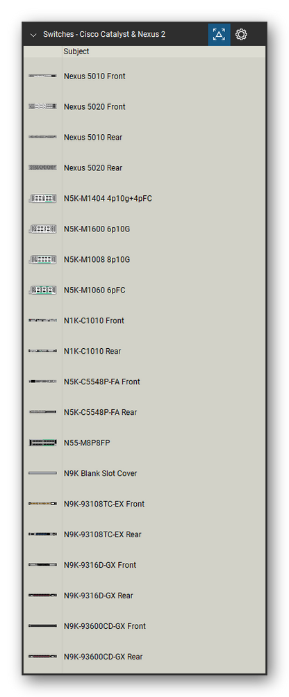 Network Switches & Routers tool set for Bluebeam Revu, Cisco Catalyst & Nexus 2 set (tools 1-20 of 180) - 20 views of 13 devices, front and rear: Nexus 5010, Nexus 5020, N5K-M1404 4p10g+4pFC, N5K-M1600 6p10G, N5K-M1008 8p10G, N5K-M1060 6pFC, N1K-C1010, N5K-C5548P-FA, N55-M8P8FP, N9K Blank Slot Cover and 3 more. Tool Chest in Detail view, one row per tool with its name.