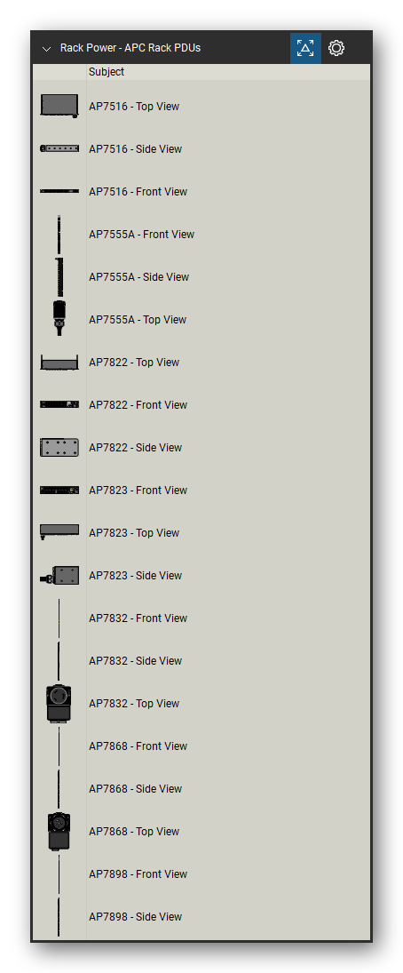 Rack Power tool set for Bluebeam Revu, APC Rack PDUs set (tools 1-20 of 108) - 20 views of 7 devices, front, side and top: AP7516, AP7555A, AP7822, AP7823, AP7832, AP7868 and AP7898. Tool Chest in Detail view, one row per tool with its name.
