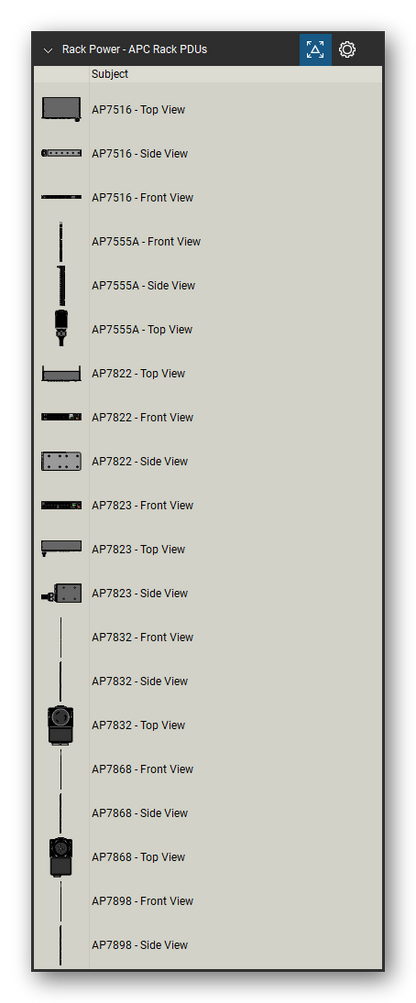 Rack Power tool set for Bluebeam Revu, APC Rack PDUs set (tools 1-20 of 108) - 20 views of 7 devices, front, side and top: AP7516, AP7555A, AP7822, AP7823, AP7832, AP7868 and AP7898. Tool Chest in Detail view, one row per tool with its name.