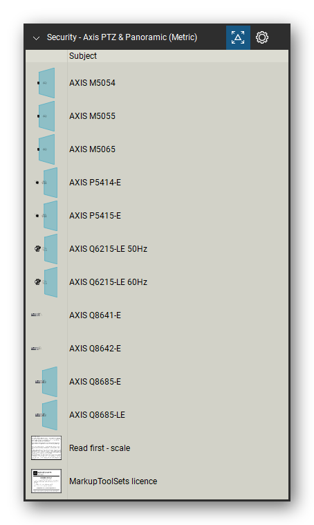 Security & Surveillance tool set for Bluebeam Revu, Axis PTZ & Panoramic (Metric) set (tools 13-23 of 23) - 11 tools: AXIS M5054, AXIS M5055, AXIS M5065, AXIS P5414-E, AXIS P5415-E, AXIS Q6215-LE 50Hz, AXIS Q6215-LE 60Hz, AXIS Q8641-E, AXIS Q8642-E, AXIS Q8685-E and 1 more. Tool Chest in Detail view, one row per tool with its name.