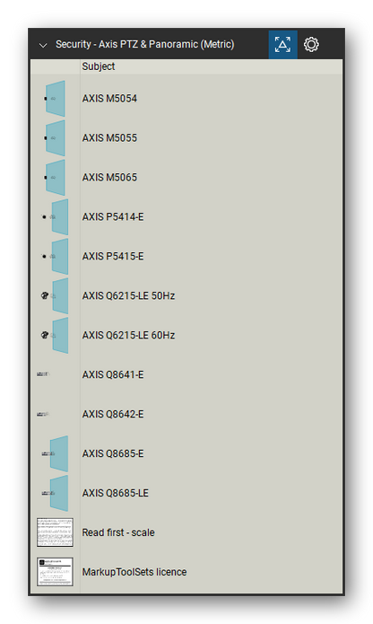 Security & Surveillance tool set for Bluebeam Revu, Axis PTZ & Panoramic (Metric) set (tools 13-23 of 23) - 11 tools: AXIS M5054, AXIS M5055, AXIS M5065, AXIS P5414-E, AXIS P5415-E, AXIS Q6215-LE 50Hz, AXIS Q6215-LE 60Hz, AXIS Q8641-E, AXIS Q8642-E, AXIS Q8685-E and 1 more. Tool Chest in Detail view, one row per tool with its name.