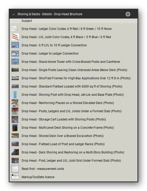 Details drop head brochure in the Shoring & Elevated Decks Takeoff & Estimating Bluebeam tool set