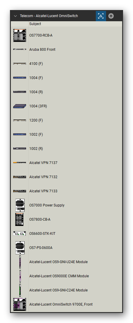 Telecom, Voice & Wireless tool set for Bluebeam Revu, Alcatel-Lucent OmniSwitch set (tools 1-20 of 207) - 20 views of 17 devices, front, rear and isometric: OS7700-RCB-A, Aruba 800, 4100, 1004, 1200, 1002, Alcatel VPN 7137, Alcatel VPN 7132, Alcatel VPN 7133, OS7000 Power Supply and 7 more. Tool Chest in Detail view, one row per tool with its name.