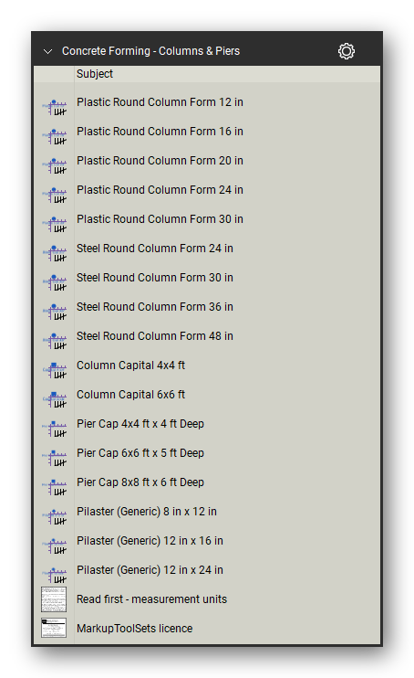 Columns and piers in the Concrete Forming Takeoff & Estimating Bluebeam tool set (sheet 2 of 2)