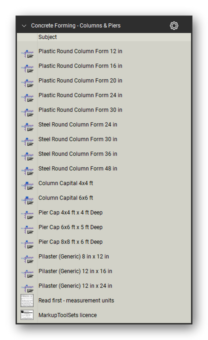 Columns and piers in the Concrete Forming Takeoff & Estimating Bluebeam tool set (sheet 2 of 2)