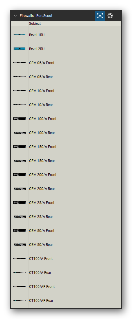 Firewalls & Security Appliances tool set for Bluebeam Revu, ForeScout set (tools 1-20 of 43) - 20 views of 11 devices, front and rear: Bezel 1RU, Bezel 2RU, CEM-05/A, CEM-10/A, CEM-100/A, CEM-150/A, CEM-200/A, CEM-25/A, CEM-50/A, CT100/A and 1 more. Tool Chest in Detail view, one row per tool with its name.
