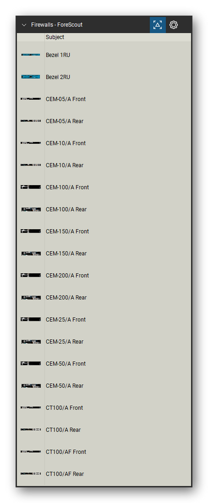 Firewalls & Security Appliances tool set for Bluebeam Revu, ForeScout set (tools 1-20 of 43) - 20 views of 11 devices, front and rear: Bezel 1RU, Bezel 2RU, CEM-05/A, CEM-10/A, CEM-100/A, CEM-150/A, CEM-200/A, CEM-25/A, CEM-50/A, CT100/A and 1 more. Tool Chest in Detail view, one row per tool with its name.