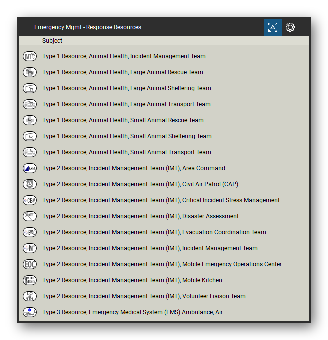 Incident & Emergency Management tool set for Bluebeam Revu, Response Resources set (tools 1-17 of 82) - 17 tools: Type 1 Resource, Animal Health, Incident, Type 1 Resource, Animal Health, Large Animal, Type 1 Resource, Animal Health, Small Animal, Type 2 Resource, Incident Management Team, Type 3 Resource, Emergency Medical System and 12 more. Tool Chest in Detail view, one row per tool with its name.