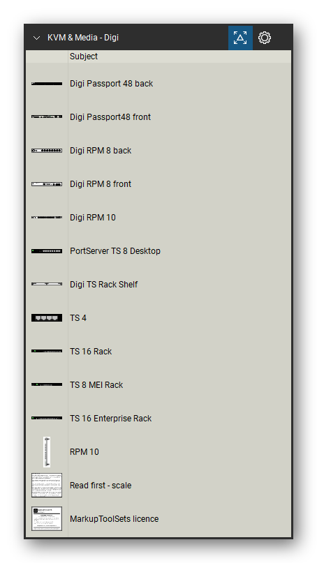 KVM, Console Servers & Media Converters tool set for Bluebeam Revu, Digi set (tools 15-26 of 26) - 12 views of 11 devices, front and rear: Digi Passport 48, Digi Passport48, Digi RPM 8, Digi RPM 10, PortServer TS 8 Desktop, Digi TS Rack Shelf, TS 4, TS 16 Rack, TS 8 MEI Rack, TS 16 Enterprise Rack and 1 more. Tool Chest in Detail view, one row per tool with its name.