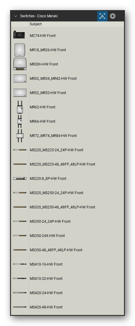 Network Switches & Routers tool set for Bluebeam Revu, Cisco Meraki set (tools 1-20 of 35) - 20 tools: MC74-HW, MR18_MR26-HW, MR30H-HW, MR32_MR34_MR42-HW, MR52_MR53-HW, MR62-HW, MR66-HW, MR72_MR74_MR84-HW, MS220_MS225-24_24P-HW, MS220_MS225-48_48FP_48LP-HW and 10 more. Tool Chest in Detail view, one row per tool with its name.