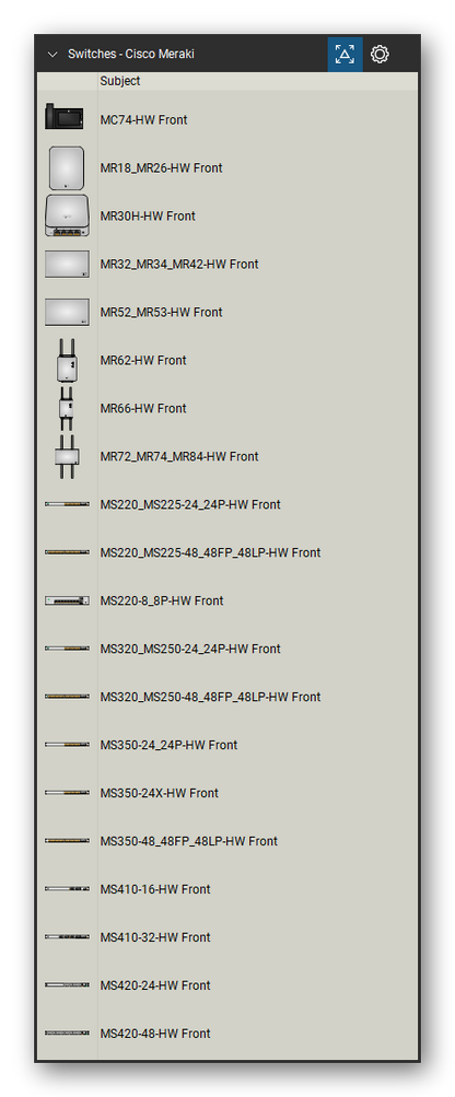 Network Switches & Routers tool set for Bluebeam Revu, Cisco Meraki set (tools 1-20 of 35) - 20 tools: MC74-HW, MR18_MR26-HW, MR30H-HW, MR32_MR34_MR42-HW, MR52_MR53-HW, MR62-HW, MR66-HW, MR72_MR74_MR84-HW, MS220_MS225-24_24P-HW, MS220_MS225-48_48FP_48LP-HW and 10 more. Tool Chest in Detail view, one row per tool with its name.