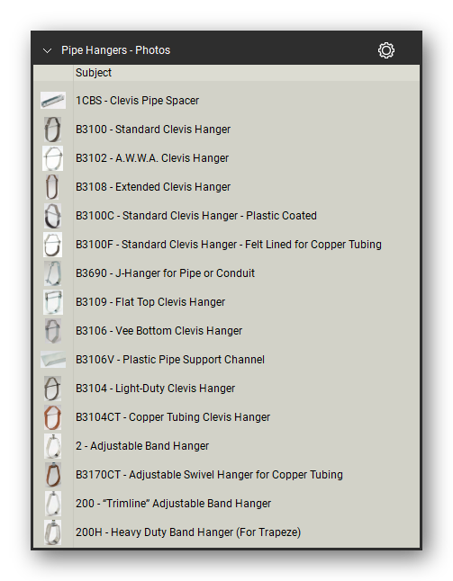 Product photographs in the Pipe Hangers and Supports Takeoff & Estimating Bluebeam tool set (sheet 1 of 2)