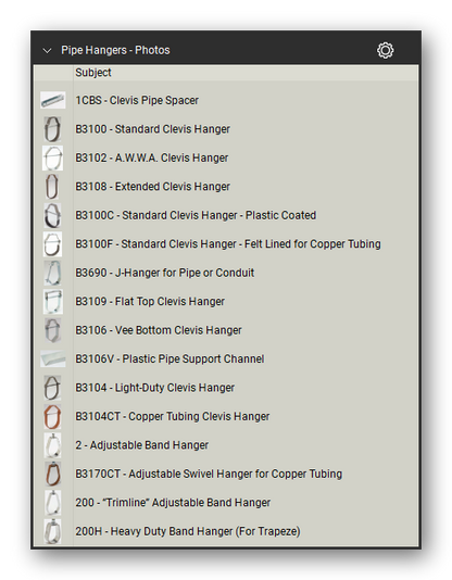 Product photographs in the Pipe Hangers and Supports Takeoff & Estimating Bluebeam tool set (sheet 1 of 2)