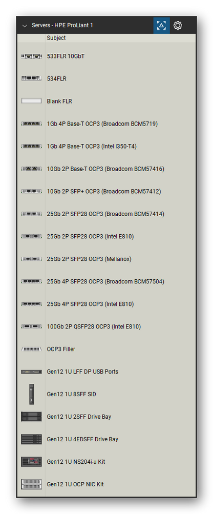 Servers tool set for Bluebeam Revu, HPE ProLiant 1 set (tools 1-20 of 264) - 20 tools: 533FLR 10GbT, 534FLR, Blank FLR, 1Gb 4P Base-T OCP3 (Broadcom BCM5719), 1Gb 4P Base-T OCP3 (Intel I350-T4), 10Gb 2P Base-T OCP3 (Broadcom BCM57416), 10Gb 2P SFP+ OCP3 (Broadcom BCM57412), 25Gb 2P SFP28 OCP3 (Broadcom BCM57414), 25Gb 2P SFP28 OCP3 (Intel E810), 25Gb 2P SFP28 OCP3 (Mellanox) and 10 more. Tool Chest in Detail view, one row per tool with its name.