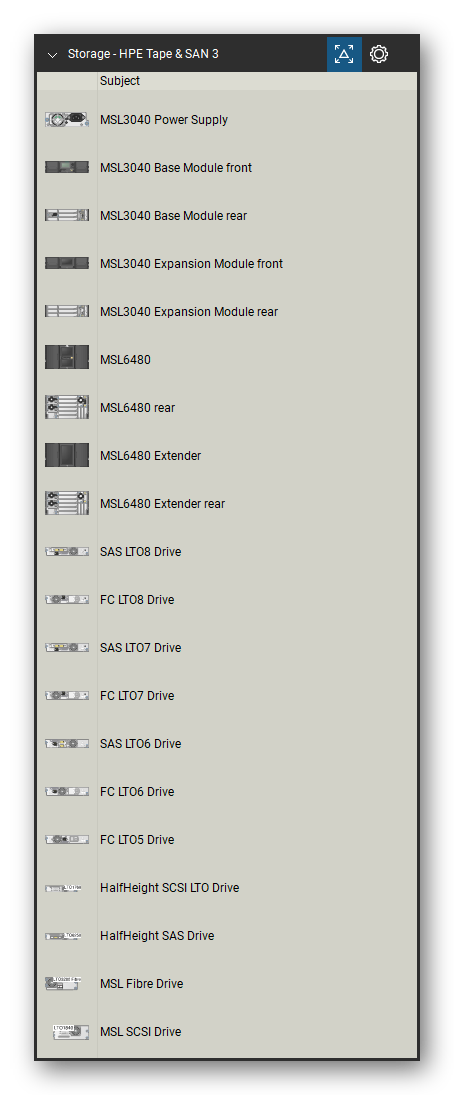Storage & Backup tool set for Bluebeam Revu, HPE Tape & SAN 3 set (tools 1-20 of 206) - 20 views of 16 devices, front and rear: MSL3040 Power Supply, MSL3040 Base Module, MSL3040 Expansion Module, MSL6480, MSL6480 Extender, SAS LTO8 Drive, FC LTO8 Drive, SAS LTO7 Drive, FC LTO7 Drive, SAS LTO6 Drive and 6 more. Tool Chest in Detail view, one row per tool with its name.