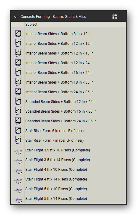 Beams stairs and miscellaneous in the Concrete Forming Takeoff & Estimating Bluebeam tool set (sheet 1 of 2)