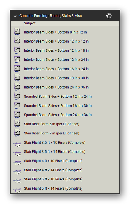 Beams stairs and miscellaneous in the Concrete Forming Takeoff & Estimating Bluebeam tool set (sheet 1 of 2)