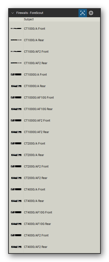Firewalls & Security Appliances tool set for Bluebeam Revu, ForeScout set (tools 21-40 of 43) - 20 views of 10 devices, front and rear: CT1000/A, CT1000/AF2, CT10000/A, CT10000/AF10G, CT10000/AF2, CT2000/A, CT2000/AF2, CT4000/A, CT4000/AF10G and CT4000/AF2. Tool Chest in Detail view, one row per tool with its name.