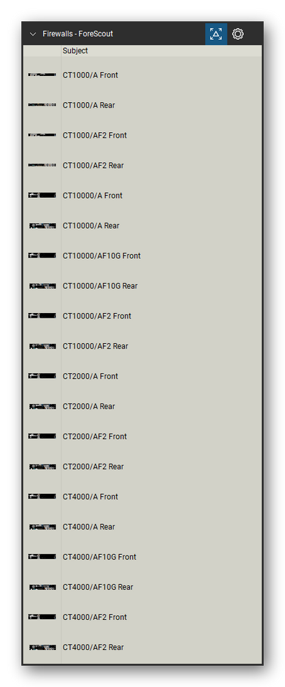 Firewalls & Security Appliances tool set for Bluebeam Revu, ForeScout set (tools 21-40 of 43) - 20 views of 10 devices, front and rear: CT1000/A, CT1000/AF2, CT10000/A, CT10000/AF10G, CT10000/AF2, CT2000/A, CT2000/AF2, CT4000/A, CT4000/AF10G and CT4000/AF2. Tool Chest in Detail view, one row per tool with its name.