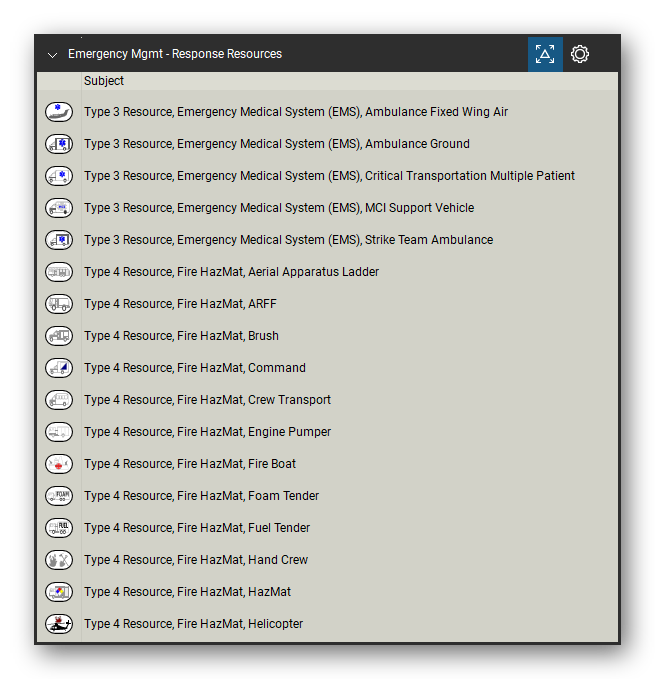 Incident & Emergency Management tool set for Bluebeam Revu, Response Resources set (tools 18-34 of 82) - 17 tools: Type 3 Resource, Emergency Medical System, Type 4 Resource, Fire HazMat, Aerial, Type 4 Resource, Fire HazMat, ARFF, Type 4 Resource, Fire HazMat, Brush, Type 4 Resource, Fire HazMat, Command, Type 4 Resource, Fire HazMat, Crew Transport, Type 4 Resource, Fire HazMat, Engine Pumper, Type 4 Resource, Fire HazMat, Fire Boat and more. Tool Chest in Detail view, one row per tool with its name.