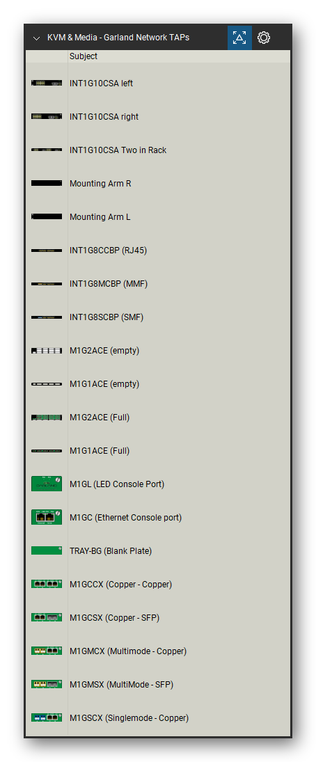 KVM, Console Servers & Media Converters tool set for Bluebeam Revu, Garland Network TAPs set (tools 1-20 of 103) - 20 views of 19 devices, side: INT1G10CSA, INT1G10CSA Two in Rack, Mounting Arm R, Mounting Arm L, INT1G8CCBP (RJ45), INT1G8MCBP (MMF), INT1G8SCBP (SMF), M1G2ACE (empty), M1G1ACE (empty), M1G2ACE (Full) and 9 more. Tool Chest in Detail view, one row per tool with its name.