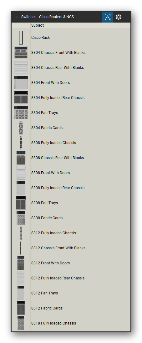 Network Switches & Routers tool set for Bluebeam Revu, Cisco Routers & NCS set (tools 1-20 of 237) - 20 tools: Cisco Rack, 8804 Chassis Front With Blanks, 8804 Chassis Rear With Blanks, 8804 Front With Doors, 8804 Fully loaded Rear Chassis, 8804 Fan Trays, 8804 Fabric Cards, 8808 Fully loaded Chassis, 8808 Chassis Rear With Blanks, 8808 Front With Doors and 10 more. Tool Chest in Detail view, one row per tool with its name.