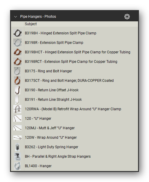 Product photographs in the Pipe Hangers and Supports Takeoff & Estimating Bluebeam tool set (sheet 2 of 2)