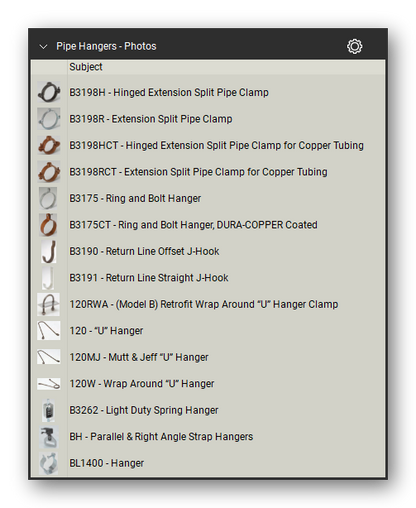 Product photographs in the Pipe Hangers and Supports Takeoff & Estimating Bluebeam tool set (sheet 2 of 2)