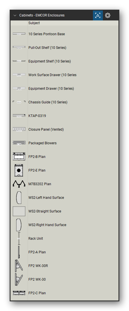 Racks, Cabinets & Cable Pathways tool set for Bluebeam Revu, EMCOR Enclosures set (tools 1-20 of 127) - 20 tools: 10 Series Pontoon Base, Pull-Out Shelf (10 Series), Equipment Shelf (10 Series), Work Surface Drawer (10 Series, Equipment Drawer (10 Series), Chassis Guide (10 Series), KTAP-0319, Closure Panel (Vented), Packaged Blowers, FP2-B Plan and 10 more. Tool Chest in Detail view, one row per tool with its name.