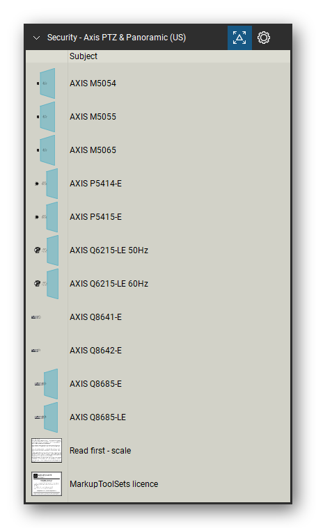 Security & Surveillance tool set for Bluebeam Revu, Axis PTZ & Panoramic (US) set (tools 13-23 of 23) - 11 tools: AXIS M5054, AXIS M5055, AXIS M5065, AXIS P5414-E, AXIS P5415-E, AXIS Q6215-LE 50Hz, AXIS Q6215-LE 60Hz, AXIS Q8641-E, AXIS Q8642-E, AXIS Q8685-E and 1 more. Tool Chest in Detail view, one row per tool with its name.