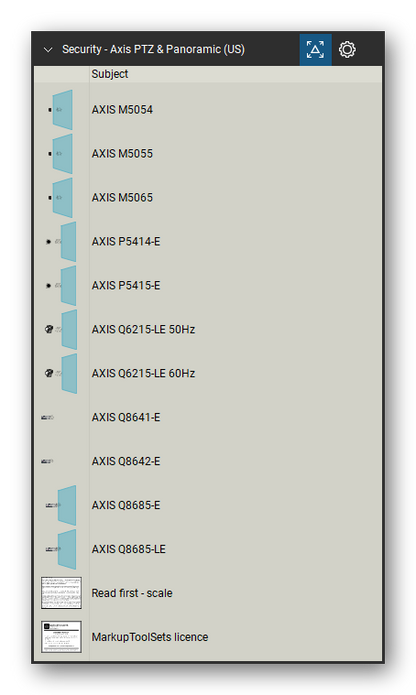 Security & Surveillance tool set for Bluebeam Revu, Axis PTZ & Panoramic (US) set (tools 13-23 of 23) - 11 tools: AXIS M5054, AXIS M5055, AXIS M5065, AXIS P5414-E, AXIS P5415-E, AXIS Q6215-LE 50Hz, AXIS Q6215-LE 60Hz, AXIS Q8641-E, AXIS Q8642-E, AXIS Q8685-E and 1 more. Tool Chest in Detail view, one row per tool with its name.