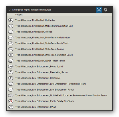 Incident & Emergency Management tool set for Bluebeam Revu, Response Resources set (tools 35-50 of 82) - 16 tools: Type 4 Resource, Fire HazMat, Helitanker, Type 4 Resource, Fire HazMat, Mobile, Type 4 Resource, Fire HazMat, Rescue, Type 4 Resource, Fire HazMat, Strike Team, Type 4 Resource, Fire HazMat, Strike Team US, Type 4 Resource, Fire HazMat, Water Tender, Type 6 Resource, Law Enforcement, Bomb Squad, Type 6 Resource and more. Tool Chest in Detail view, one row per tool with its name.