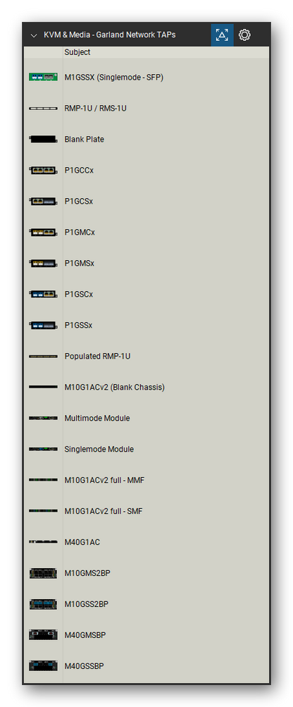 KVM, Console Servers & Media Converters tool set for Bluebeam Revu, Garland Network TAPs set (tools 21-40 of 103) - 20 tools: M1GSSX (Singlemode - SFP), RMP-1U / RMS-1U, Blank Plate, P1GCCx, P1GCSx, P1GMCx, P1GMSx, P1GSCx, P1GSSx, Populated RMP-1U and 10 more. Tool Chest in Detail view, one row per tool with its name.