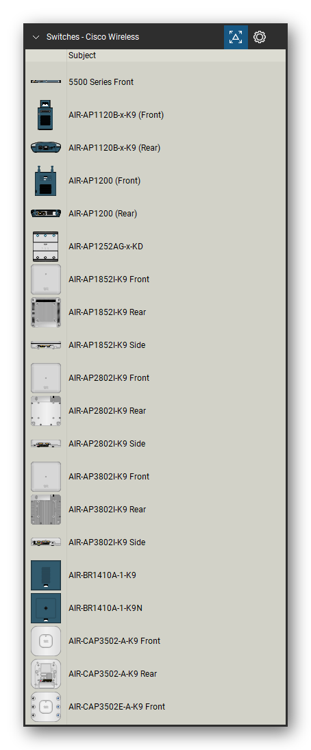 Network Switches & Routers tool set for Bluebeam Revu, Cisco Wireless set (tools 1-20 of 206) - 20 views of 11 devices, front, rear and side: 5500 Series, AIR-AP1120B-x-K9, AIR-AP1200, AIR-AP1252AG-x-KD, AIR-AP1852I-K9, AIR-AP2802I-K9, AIR-AP3802I-K9, AIR-BR1410A-1-K9, AIR-BR1410A-1-K9N, AIR-CAP3502-A-K9 and 1 more. Tool Chest in Detail view, one row per tool with its name.