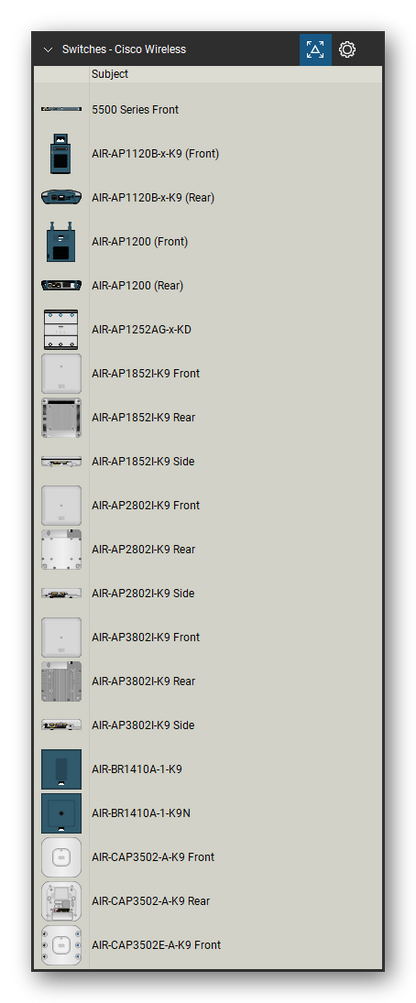 Network Switches & Routers tool set for Bluebeam Revu, Cisco Wireless set (tools 1-20 of 206) - 20 views of 11 devices, front, rear and side: 5500 Series, AIR-AP1120B-x-K9, AIR-AP1200, AIR-AP1252AG-x-KD, AIR-AP1852I-K9, AIR-AP2802I-K9, AIR-AP3802I-K9, AIR-BR1410A-1-K9, AIR-BR1410A-1-K9N, AIR-CAP3502-A-K9 and 1 more. Tool Chest in Detail view, one row per tool with its name.